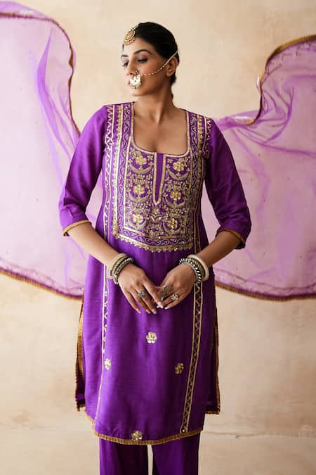 Gulabo Jaipur_Purple Chanderi Embroidery, Sequins, Mirrors Square Tara Straight Kurta Set _at_Aza_Fashions