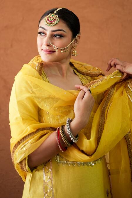 Gulabo Jaipur_Yellow Chanderi, Organza Embroidery, Sequins, Mirrors Tara Straight Kurta Set _Online_at_Aza_Fashions