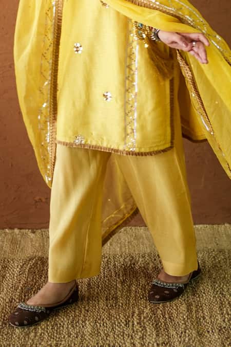 Buy_Gulabo Jaipur_Yellow Chanderi, Organza Embroidery, Sequins, Mirrors Tara Straight Kurta Set _Online_at_Aza_Fashions