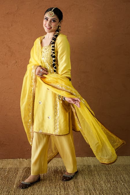Gulabo Jaipur_Yellow Chanderi, Organza Embroidery, Sequins, Mirrors Tara Straight Kurta Set _at_Aza_Fashions