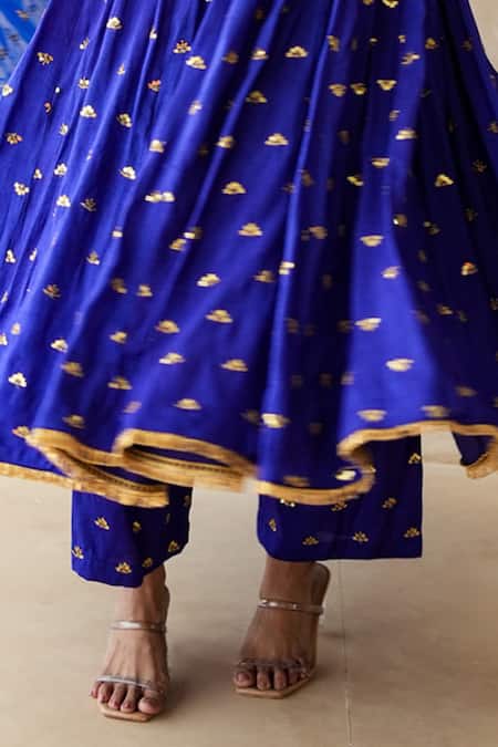 Gulabo Jaipur_Blue Chanderi, Cotton, Organza Gota Patti, Zari, Sitara Anarkali Set _Online_at_Aza_Fashions