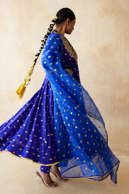 Buy_Gulabo Jaipur_Blue Chanderi, Cotton, Organza Gota Patti, Zari, Sitara Anarkali Set _Online_at_Aza_Fashions