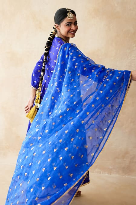 Gulabo Jaipur_Blue Chanderi, Cotton, Organza Gota Patti, Zari, Sitara Anarkali Set _at_Aza_Fashions