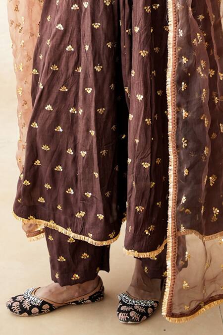 Gulabo Jaipur_Brown Chanderi, Cotton, Organza Gota Patti, Zari, Sitara Anarkali Set _Online_at_Aza_Fashions