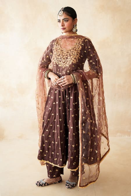 Buy_Gulabo Jaipur_Brown Chanderi, Cotton, Organza Gota Patti, Zari, Sitara Anarkali Set _Online_at_Aza_Fashions