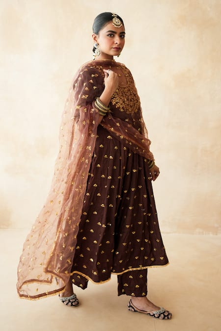 Shop_Gulabo Jaipur_Brown Chanderi, Cotton, Organza Gota Patti, Zari, Sitara Anarkali Set _Online_at_Aza_Fashions