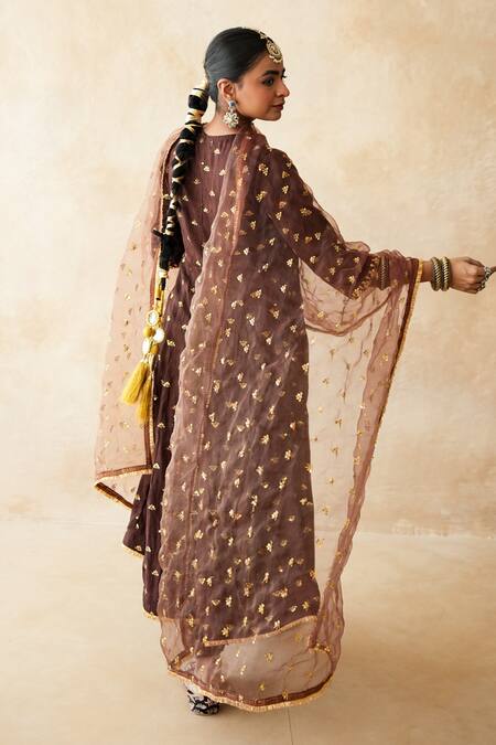 Gulabo Jaipur_Brown Chanderi, Cotton, Organza Gota Patti, Zari, Sitara Anarkali Set _at_Aza_Fashions