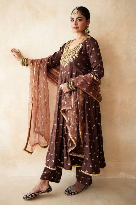 Buy_Gulabo Jaipur_Brown Chanderi, Cotton, Organza Gota Patti, Zari, Sitara Anarkali Set 