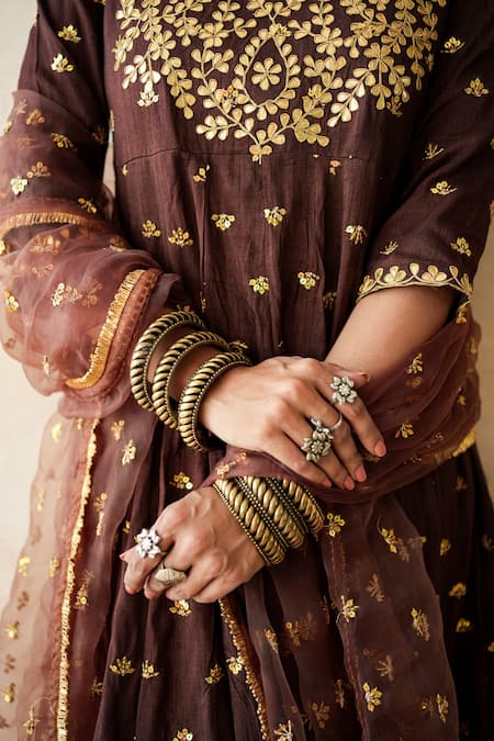 Shop_Gulabo Jaipur_Brown Chanderi, Cotton, Organza Gota Patti, Zari, Sitara Anarkali Set 