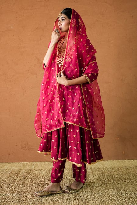 Shop_Gulabo Jaipur_Red Chanderi, Cotton, Organza Gota Patti, Zari, Embroidery Sitara Anarkali Set _Online_at_Aza_Fashions