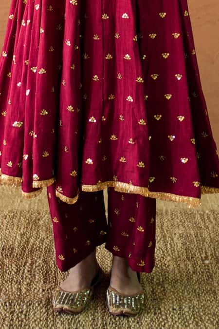 Gulabo Jaipur_Red Chanderi, Cotton, Organza Gota Patti, Zari, Embroidery Sitara Anarkali Set _at_Aza_Fashions