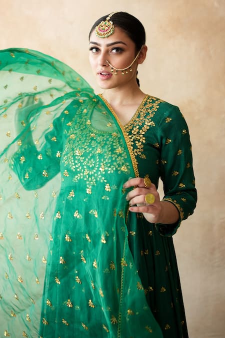 Gulabo Jaipur_Green Chanderi, Cotton, Organza Gota Patti, Zari, Sequins, Sitara Anarkali Set _at_Aza_Fashions