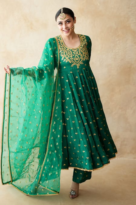 Shop_Gulabo Jaipur_Green Chanderi, Cotton, Organza Gota Patti, Zari, Sequins, Sitara Anarkali Set 