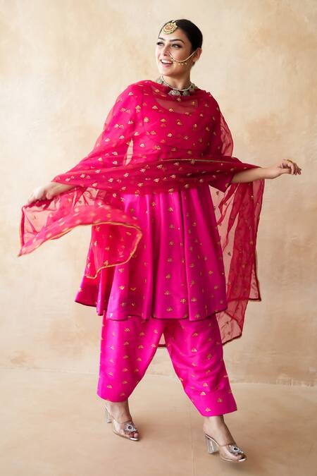 Shop_Gulabo Jaipur_Pink Chanderi Embroidery Round Neck Riza Anarkali Set _Online_at_Aza_Fashions