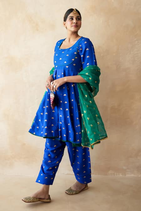 Buy_Gulabo Jaipur_Blue Chanderi Embroidery, Lace Round Neck Riza Anarkali Set _Online_at_Aza_Fashions