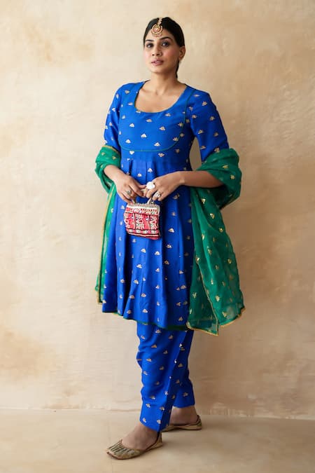 Shop_Gulabo Jaipur_Blue Chanderi Embroidery, Lace Round Neck Riza Anarkali Set _Online_at_Aza_Fashions