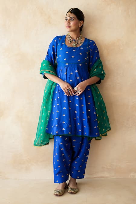 Gulabo Jaipur_Blue Chanderi Embroidery, Lace Round Neck Riza Anarkali Set _at_Aza_Fashions