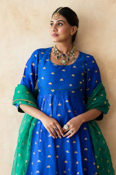 Buy_Gulabo Jaipur_Blue Chanderi Embroidery, Lace Round Neck Riza Anarkali Set 