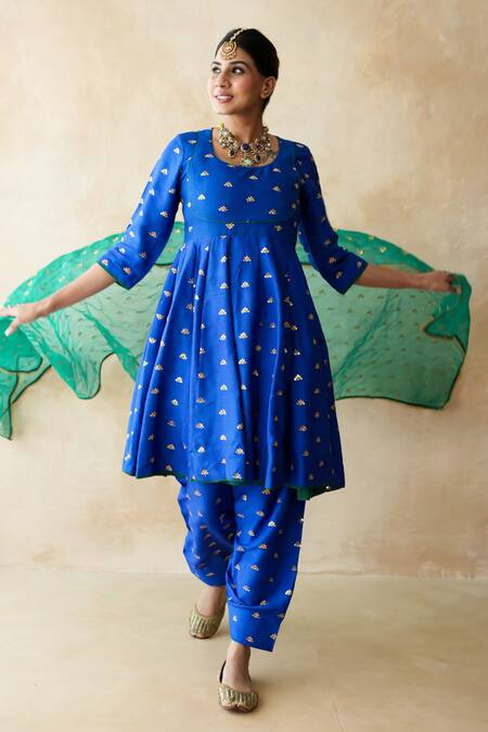 Shop_Gulabo Jaipur_Blue Chanderi Embroidery, Lace Round Neck Riza Anarkali Set 