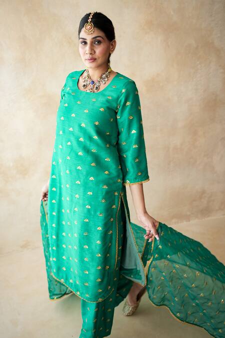 Gulabo Jaipur_Green Chanderi Embroidery, Lace, Sequins Round Neck Meera Straight Kurta Set _at_Aza_Fashions