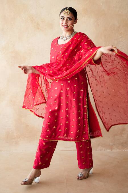 Buy Gulabo Jaipur Red Chanderi Embroidery, Zari, Lace, Metallic Thread Meera Straight Kurta Set Buy_Gulabo Jaipur_Red Chanderi Embroidery, Zari, Lace, Metallic Thread Meera Straight Kurta Set