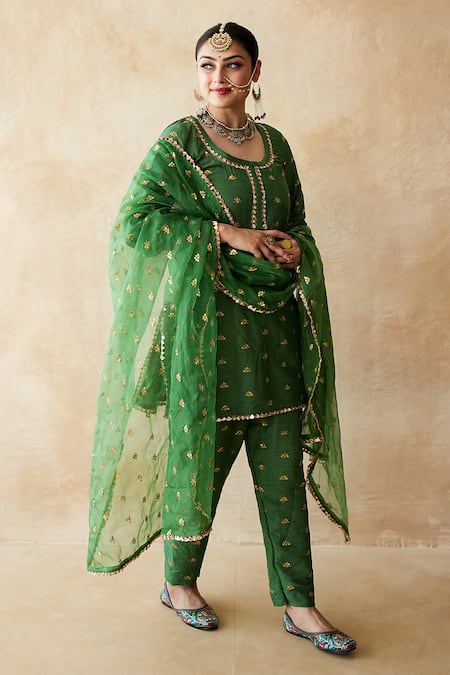 Shop Gulabo Jaipur Green Chanderi Embroidery, Sequins, Lace Round Neck Rani Straight Kurta Set Online at Aza Fashions Shop_Gulabo Jaipur_Green Chanderi Embroidery, Sequins, Lace Round Neck Rani Straight Kurta Set _Online_at_Aza_Fashions