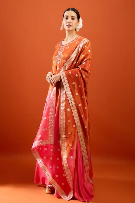 Shop Samyukta Singhania Orange Tissue, Crepe Embroidery, Metallic Thread Round Ombre Kurta Sharara Set Online at Aza Fashions Shop_Samyukta Singhania_Orange Tissue, Crepe Embroidery, Metallic Thread Round Ombre Kurta Sharara Set _Online_at_Aza_Fashions