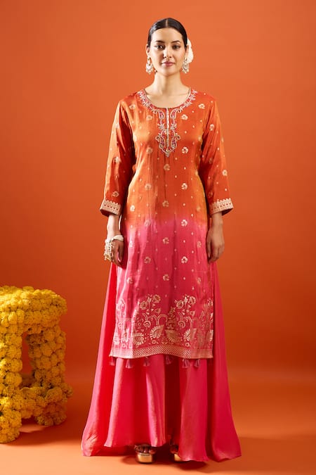 Samyukta Singhania Orange Tissue, Crepe Embroidery, Metallic Thread Round Ombre Kurta Sharara Set at Aza Fashions Samyukta Singhania_Orange Tissue, Crepe Embroidery, Metallic Thread Round Ombre Kurta Sharara Set _at_Aza_Fashions