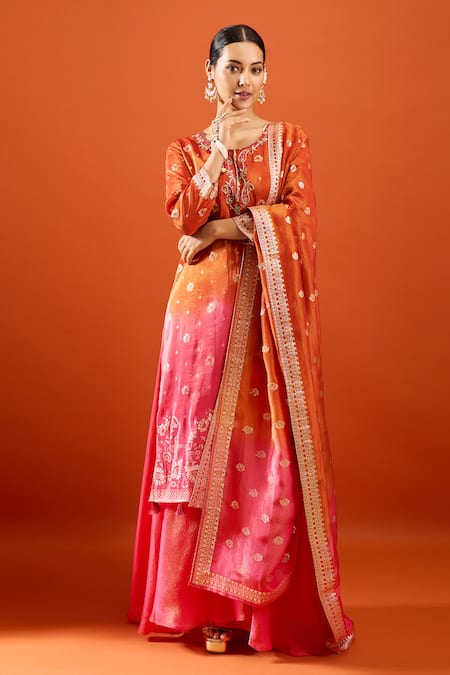 Buy Samyukta Singhania Orange Tissue, Crepe Embroidery, Metallic Thread Round Ombre Kurta Sharara Set Buy_Samyukta Singhania_Orange Tissue, Crepe Embroidery, Metallic Thread Round Ombre Kurta Sharara Set