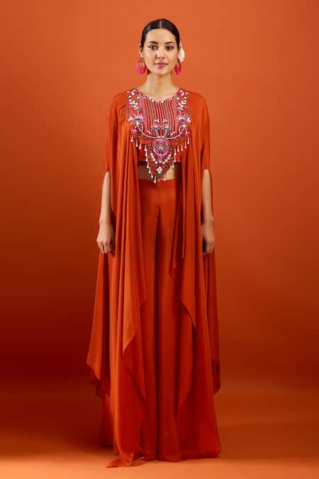 Samyukta Singhania Orange Chinon Embroidery, Beads, Tassels Round Neck Blouse And Palazzo Set Online at Aza Fashions Samyukta Singhania_Orange Chinon Embroidery, Beads, Tassels Round Neck Blouse And Palazzo Set _Online_at_Aza_Fashions