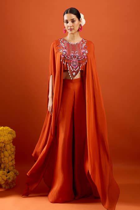 Shop Samyukta Singhania Orange Chinon Embroidery, Beads, Tassels Round Neck Blouse And Palazzo Set Online at Aza Fashions Shop_Samyukta Singhania_Orange Chinon Embroidery, Beads, Tassels Round Neck Blouse And Palazzo Set _Online_at_Aza_Fashions