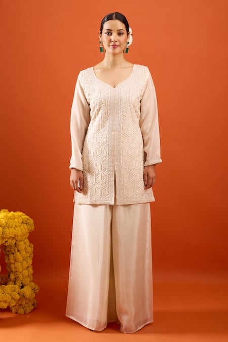Buy_Samyukta Singhania_Off White Crepe Embroidery V-neck Geometric Kurta Sharara Set _Online_at_Aza_Fashions
