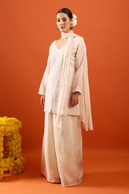 Shop_Samyukta Singhania_Off White Crepe Embroidery V-neck Geometric Kurta Sharara Set _Online_at_Aza_Fashions