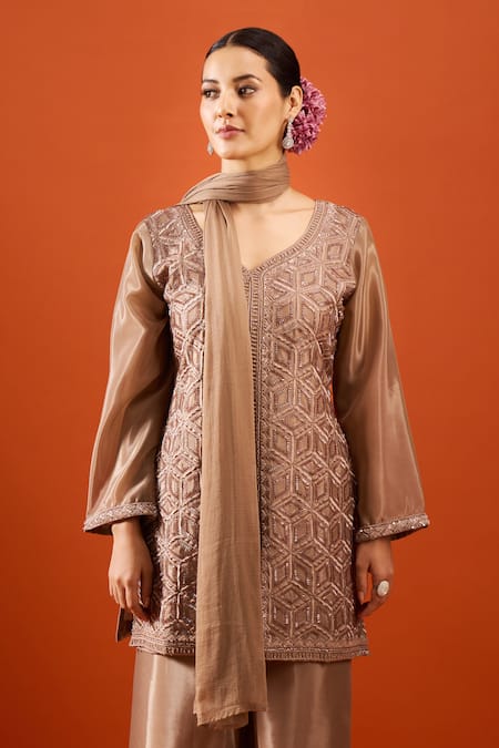 Shop_Samyukta Singhania_Brown Crepe Embroidery V-neck Kurta Set _Online_at_Aza_Fashions