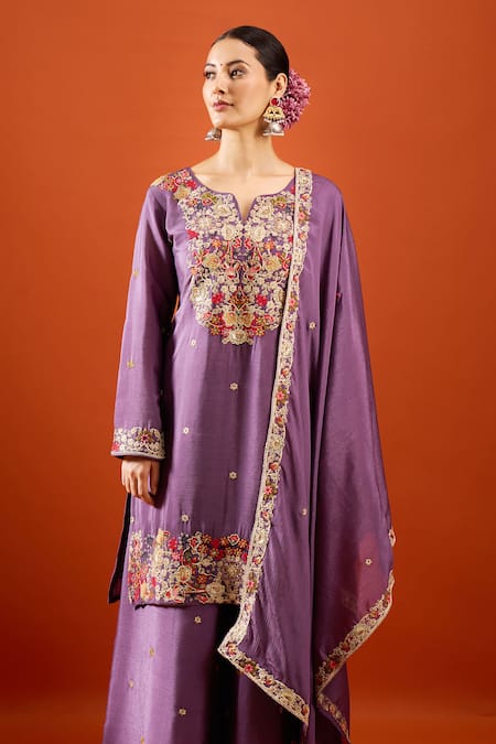 Samyukta Singhania Purple Chinon Embroidery, Sequins Split V-neck Kurta Sharara Set Online at Aza Fashions Samyukta Singhania_Purple Chinon Embroidery, Sequins Split V-neck Kurta Sharara Set _Online_at_Aza_Fashions