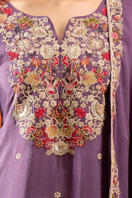 Shop Samyukta Singhania Purple Chinon Embroidery, Sequins Split V-neck Kurta Sharara Set Online at Aza Fashions Shop_Samyukta Singhania_Purple Chinon Embroidery, Sequins Split V-neck Kurta Sharara Set _Online_at_Aza_Fashions