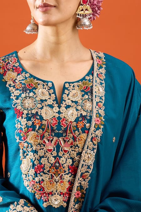 Samyukta Singhania Green Chinon Embroidery, Sequins V-neck Kurta Sharara Set Online at Aza Fashions Samyukta Singhania_Green Chinon Embroidery, Sequins V-neck Kurta Sharara Set _Online_at_Aza_Fashions