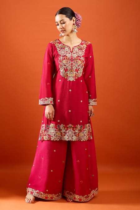 Samyukta Singhania_Red Chinon Embroidery, Sequins, Zari Split V-neck Kurta Sharara Set _Online_at_Aza_Fashions