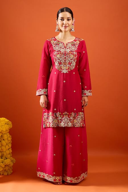Buy_Samyukta Singhania_Red Chinon Embroidery, Sequins, Zari Split V-neck Kurta Sharara Set _Online_at_Aza_Fashions