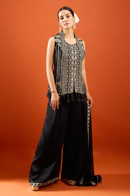 Samyukta Singhania_Black Silk Embroidery, Tassels, Zari Round Neck Kurta Sharara Set _Online_at_Aza_Fashions