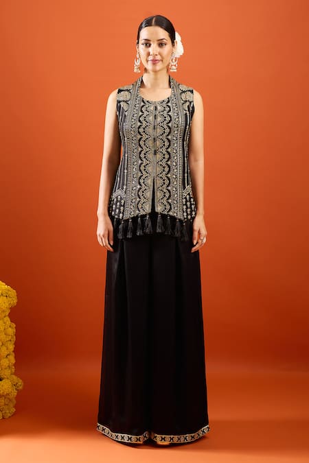 Shop_Samyukta Singhania_Black Silk Embroidery, Tassels, Zari Round Neck Kurta Sharara Set _Online_at_Aza_Fashions