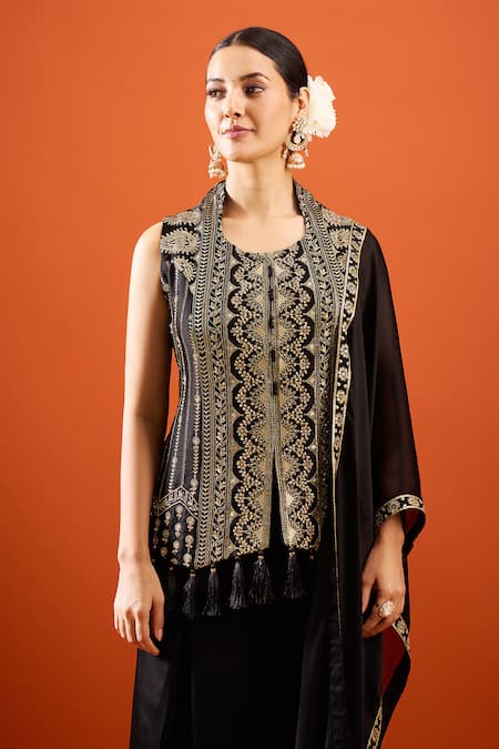 Samyukta Singhania_Black Silk Embroidery, Tassels, Zari Round Neck Kurta Sharara Set _at_Aza_Fashions
