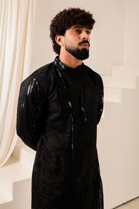 Menero_Black Chanderi Silk, Cotton Sequins, Lace Panelled Kurta Set _Online_at_Aza_Fashions