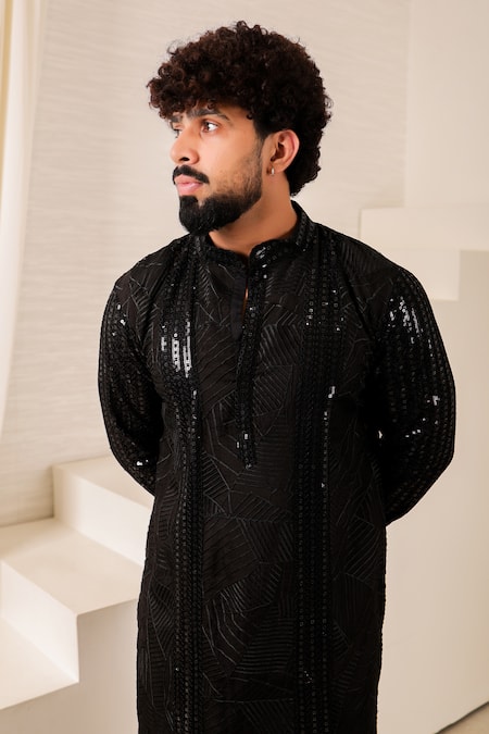 Shop_Menero_Black Chanderi Silk, Cotton Sequins, Lace Panelled Kurta Set _Online_at_Aza_Fashions