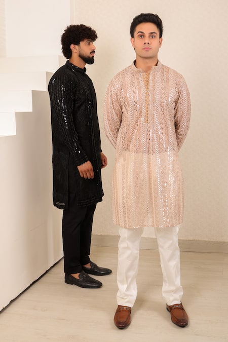 Menero_Black Chanderi Silk, Cotton Sequins, Lace Panelled Kurta Set _at_Aza_Fashions