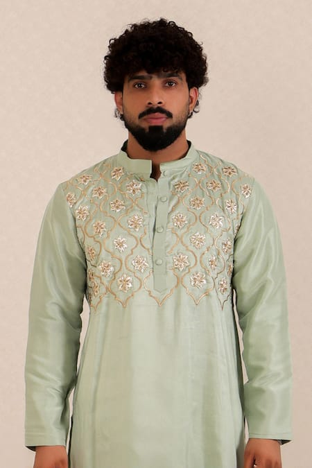 Menero_Green Dupion, Silk, Cotton Gota Patti, Embroidery Kurta And Pant Set _Online_at_Aza_Fashions