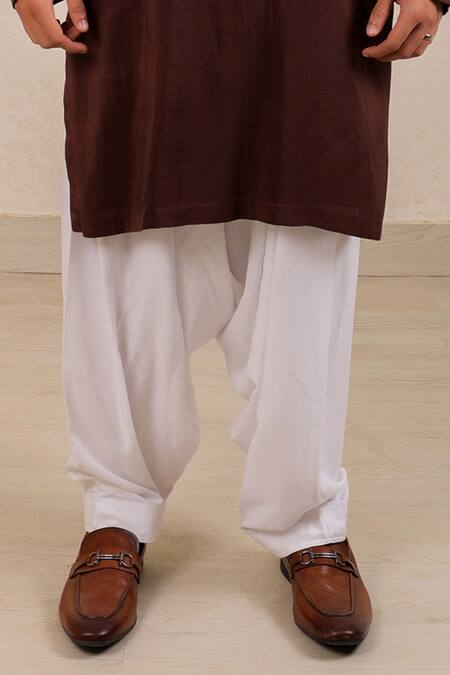 Menero_Brown Dupion, , Chanderi Intricate Kurta And Pathani Salwar Set _Online_at_Aza_Fashions