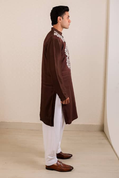 Buy_Menero_Brown Dupion, , Chanderi Intricate Kurta And Pathani Salwar Set _Online_at_Aza_Fashions