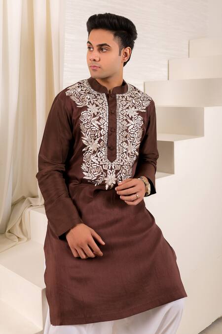 Shop_Menero_Brown Dupion, , Chanderi Intricate Kurta And Pathani Salwar Set _Online_at_Aza_Fashions