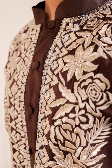 Menero_Brown Dupion, , Chanderi Intricate Kurta And Pathani Salwar Set _at_Aza_Fashions